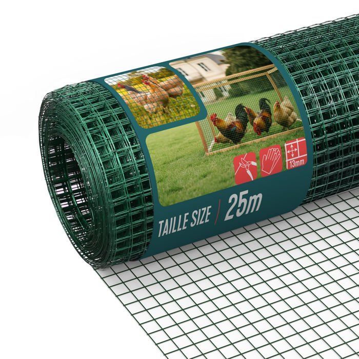 Rollo de malla de alambre soldado recubierto de PVC VOUNOT® de 0,5 x 25 m, color verde - Malla de 13 mm, alambre de 0,8 mm - Cercas y redes metálicas