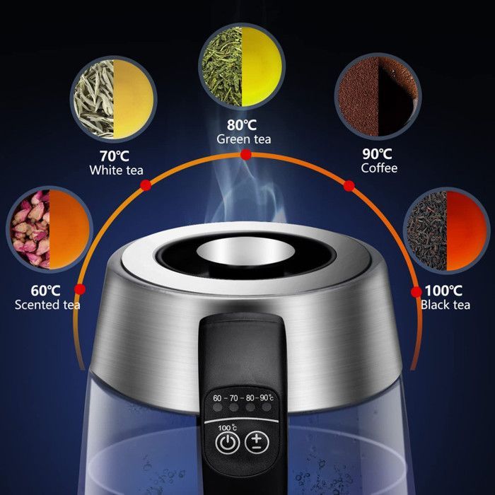 Chaleira Aigostar Cris com infusor de chá removível, 1,7L em vidro borossilicato, 2200W, cores LED