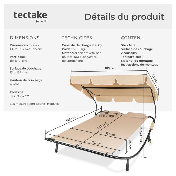 Tumbona - TECTAKE - LIVORNO Tumbona doble de acero para 2 personas con toldo ajustable 185 x 195 x 142-175 cm - Negro/Beige