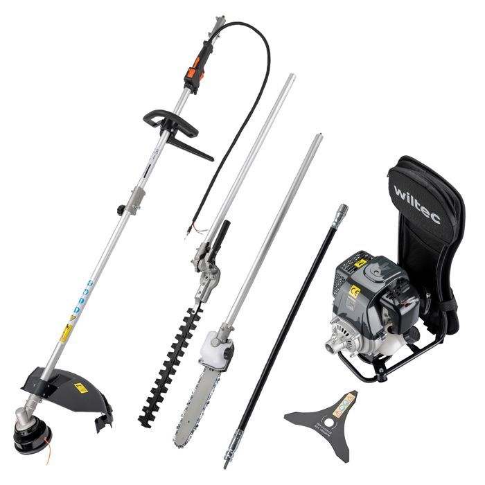 Wiltec 4-in-1 Multi-Tool – 2860 x 370 x 560 mm – 0.9 L 4-Stroke Petrol Engine – 0.9 kW – with Extension – Grass Trimmer