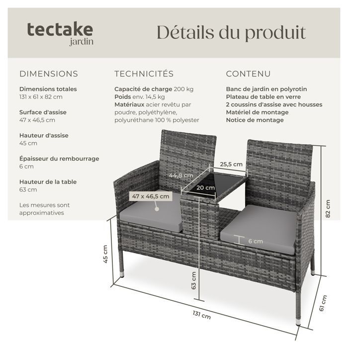 Sillas de jardín - TECTAKE - TOULOUSE Sofá de jardín de 2 plazas, resistente a los rayos UV, 131 x 59 x 82 cm - Gris/Gris claro