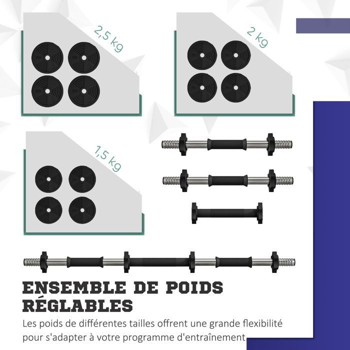 Haltères 2 en 1 réglables - SPORTNOW - avec poignées antidérapantes - 25 KG - barres incluses - entraînement musculaire