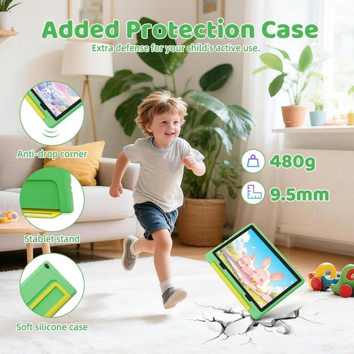 Tablette pour Enfants Éducative, 20(3+17)Go RAM, 64Go + 1 To Extensible, Écran HD, avec Kid-Proof Étui Vert et Sac d'ordinateur Bleu