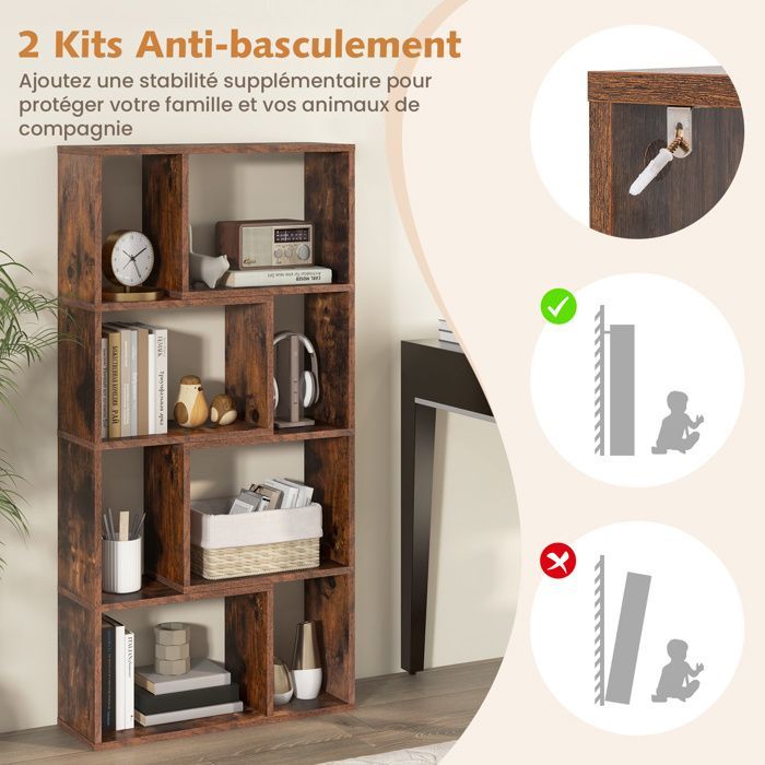 Estantería geométrica COSTWAY de 120 cm con 4 niveles y 8 cubos, estantería abierta de madera para salón, dormitorio u oficina, color marrón.