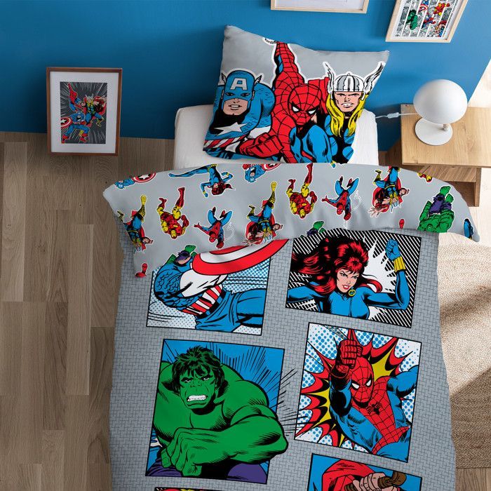 Parure de lit enfant 100% Coton - MARVEL COMICS - Multicolore - 140x200+63x63cm