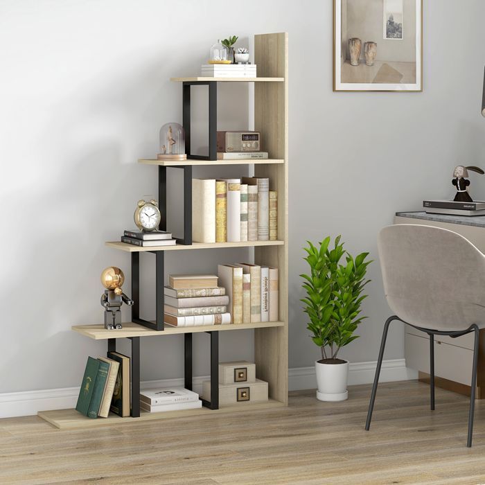 Bookshelf - HOMCOM - Industrial Style Staircase Room Divider with 5 Shelves - Wood - 102x30x160cm - Oak