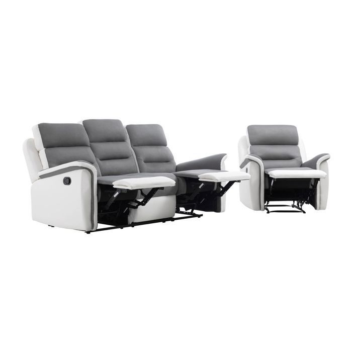 Canapé relax 3 places et 1 fauteuil LÉOn'en PU Blanc et MF Gris - LOUNGITUDE