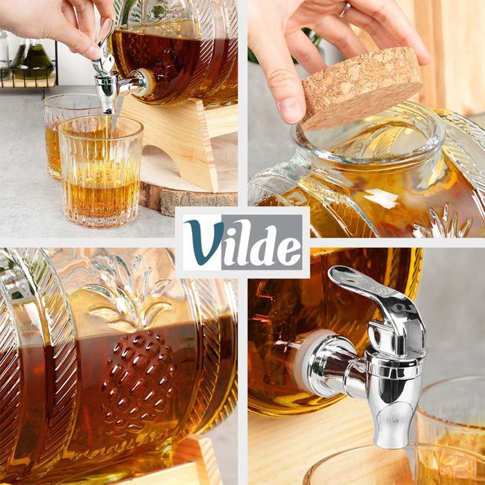 VILDE Distributeur de boissons avec robinet 3L - Verre épais - support en bambou - couvercle en liège - motif ananas