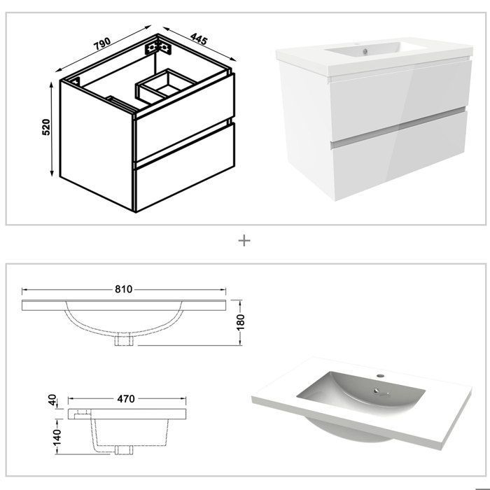AICA 80cm Glossy White Bathroom Vanity Unit with 2 Soft-Close Drawers and Single Basin