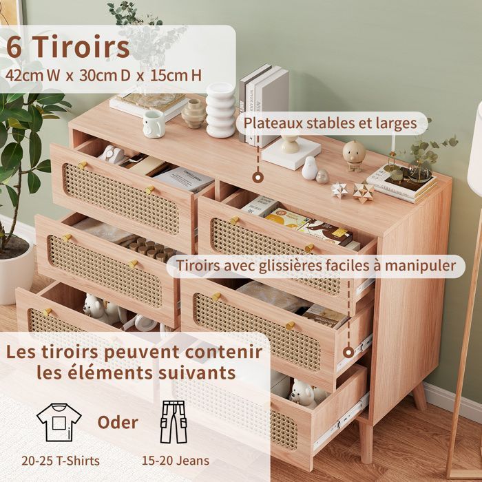 Commode - 6 Tiroirs - Bois Naturel - Finition en Rotin - Style Vintage