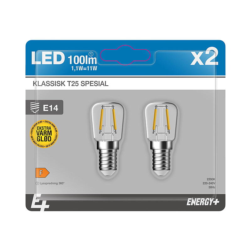 Bombilla LED Energy Light de 100 lm, paquete de 2 unidades, transparente especial, E14 T25 E