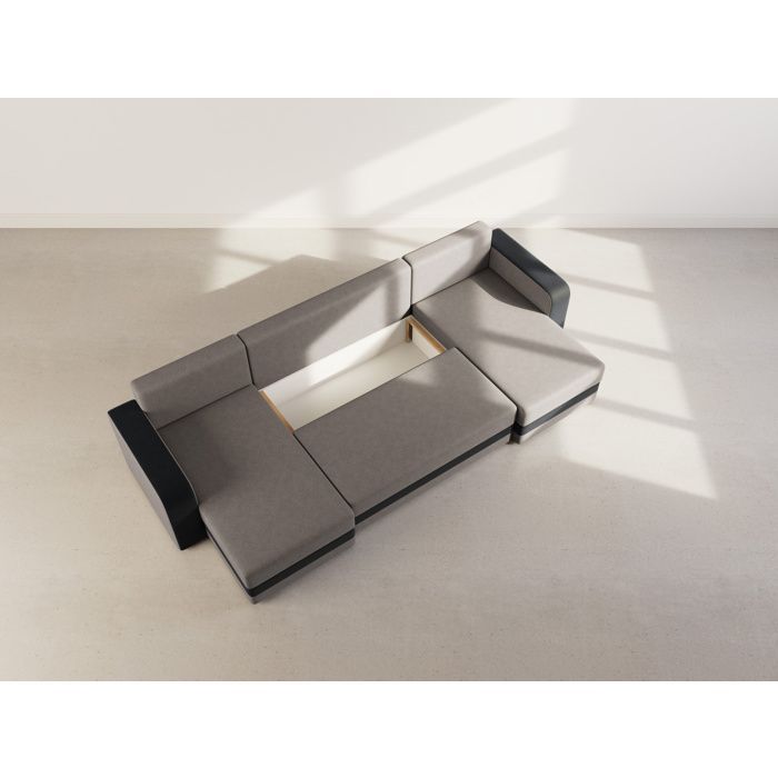 Harvey - Sofá cama panorámico en forma de U de 7 plazas con espacio de almacenamiento en tela bicolor - Negro / Gris