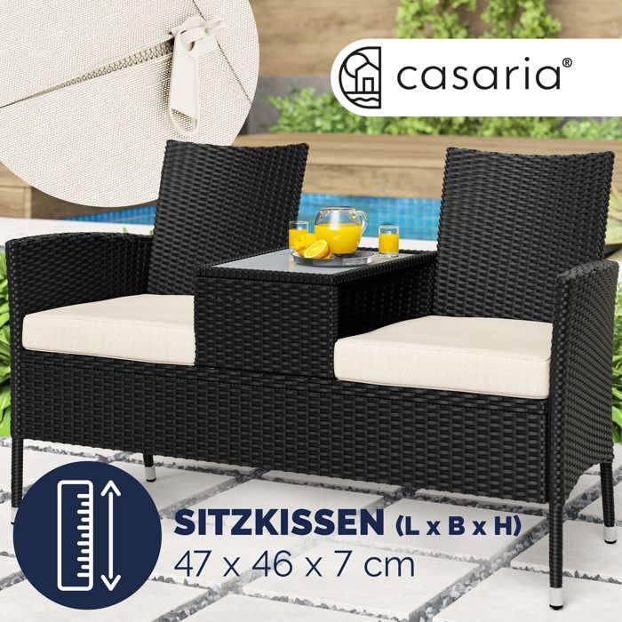 CASARIA® 2-Sitzer-Gartenbank aus Polyrattan mit Kissen und integriertem Tisch, 145 x 58 x 87 cm, schwarze Gartenmöbel