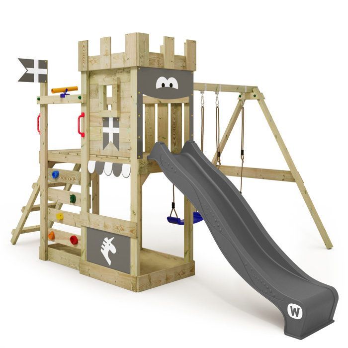 Tour de jeux WICKEY RoyalFlyer avec toboggan anthracite, balançoire et bac à sable – 10 ans de garantie*
