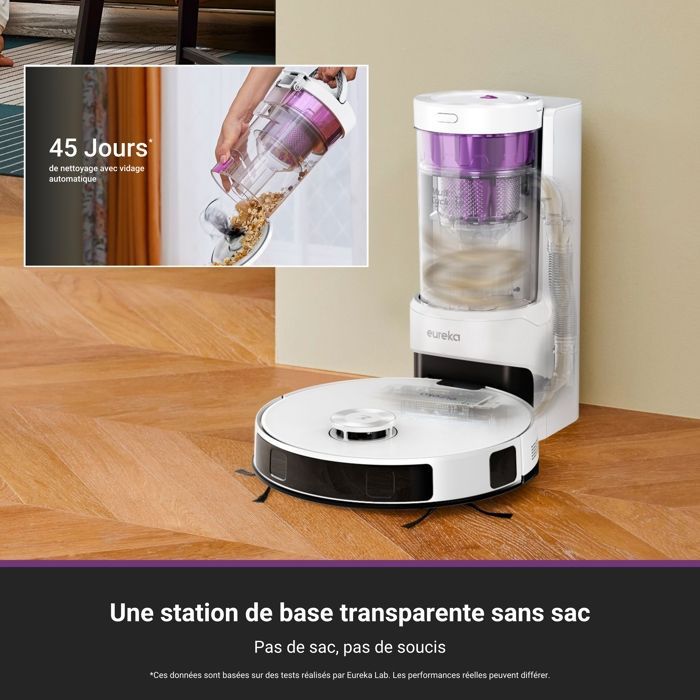 Aspirador robô Eureka E20 Plus Gen2, 8000 Pa, com base de carregamento sem saco, sistema antiemaranhamento, autonomia de 180 minutos, branco.