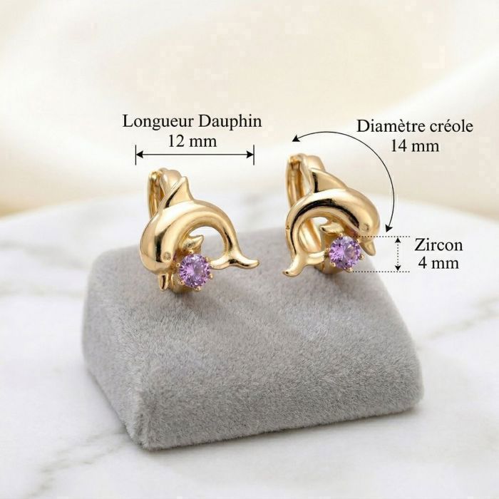 Pendientes de aro - Delfín - Circonita - Lavanda - Chapado en oro amarillo de 18k - 14 mm - Mujer/Niña