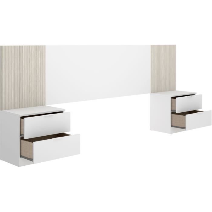 Tête de lit avec chevets intégrés - LOMA - Blanc / Bois - 258,6 x 34,2 x 106 cm