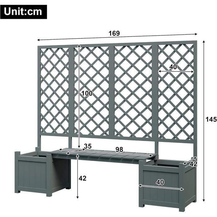 Planter with trellis - Flower box with plenty of space - Brown solid wood planter - With trellis and seat - For garden
