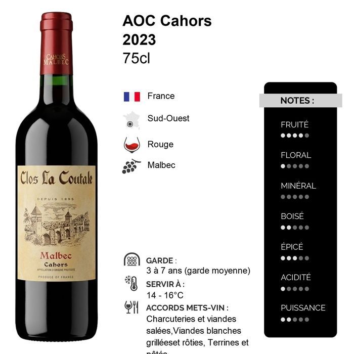Clos la Coutale Malbec 2023 - Cahors - Vinho Tinto do Sudoeste da França (3x75cl)
