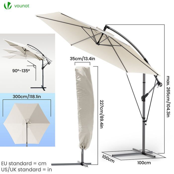 VOUNOT® Zweefparasol met 3M bevestigingsband, beige - 360° draaibaar - Verstelbare kantelhoek - Beschermhoes