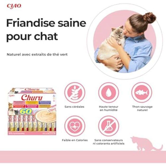 Friandises pour Chats - INABA - Churu - Purée de Thon - Texture Lisse - Lot de 60 Tubes