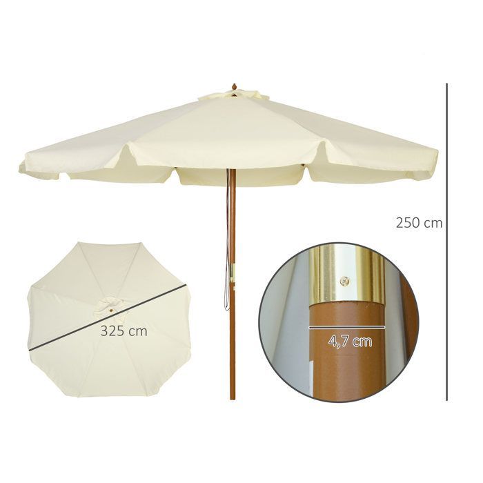 Rechte parasol - tuinparasol - Outsunny - groot rond formaat - bamboehout - Ø 3 m - beige