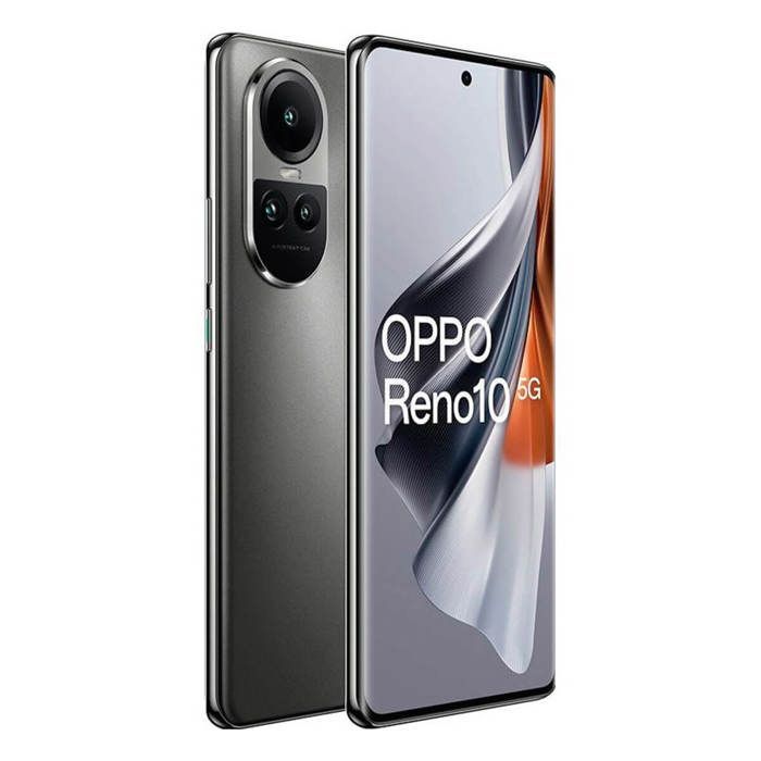 Smartphone OPPO Reno10 5G de couleur gris argenté avec écran 6,7