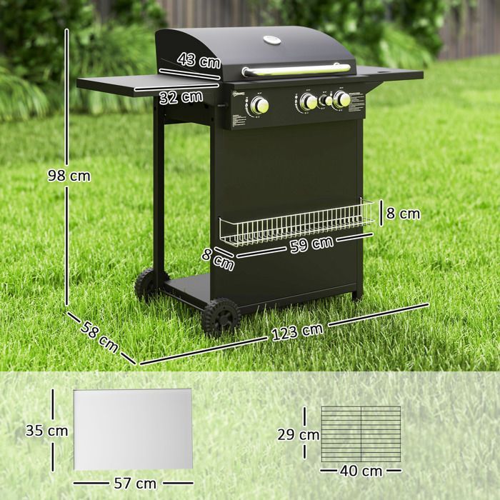 Gas barbecue - Outsunny - 3+1 burners - 9.5 kW power - with 2 cooking grates, side shelves, 2 wheels - steel - black