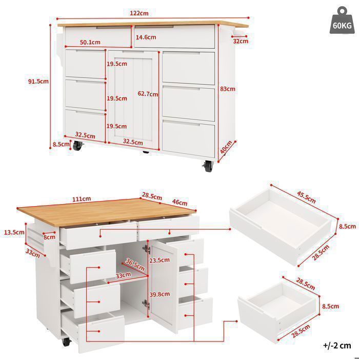Carrito de cocina - TKOPY - Isla de cocina rodante con 8 cajones y especiero - 122x74,5x91,5cm - Blanco