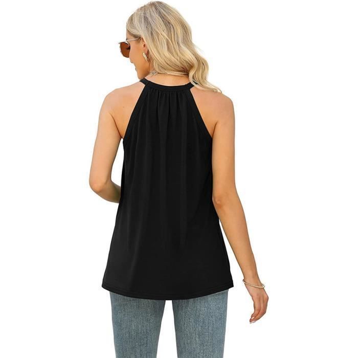 Camiseta informal de verano sin mangas con encaje y cuello redondo para mujer de INSFITY - Color liso - Negro