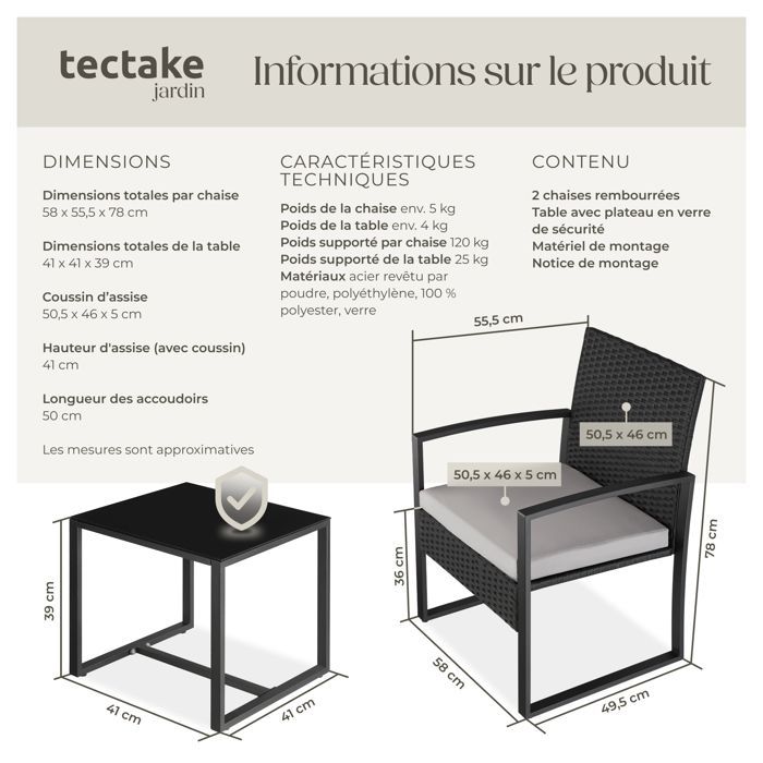Garden furniture - TECTAKE - GRANADA 2-seater outdoor lounge set in sturdy rattan with a glass-topped table - Black