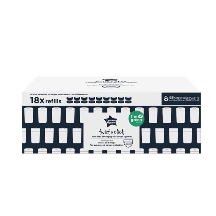 TOMMEE TIPEE - Refills for nappy bins - Twist & Click - Antibacterial multi-layer film - Pack of 18
