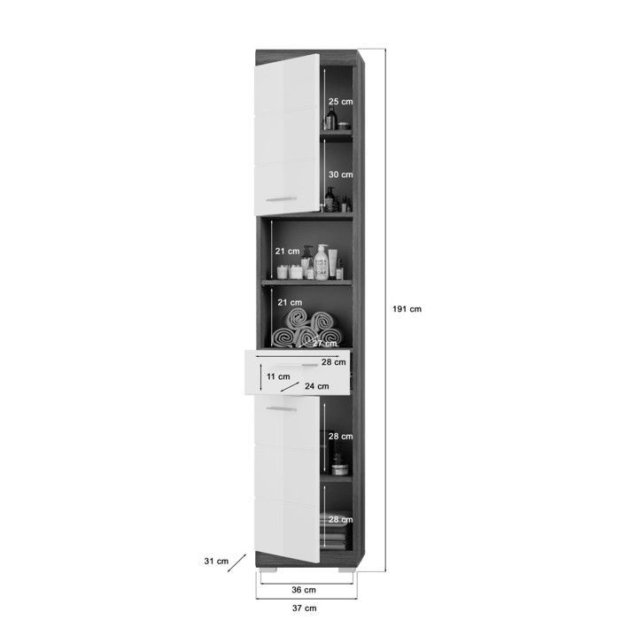 Ensemble salle de bain SCOTT – Meuble sous vasque, colonne, rangement miroir et meuble machine à laver – Gris foncé et blanc