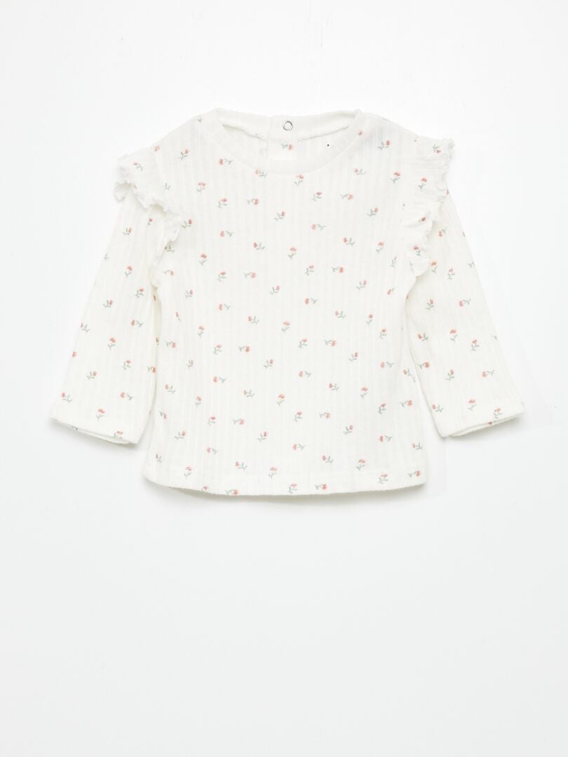 Camiseta de manga comprida com bainha canelada e babados - BRANCA