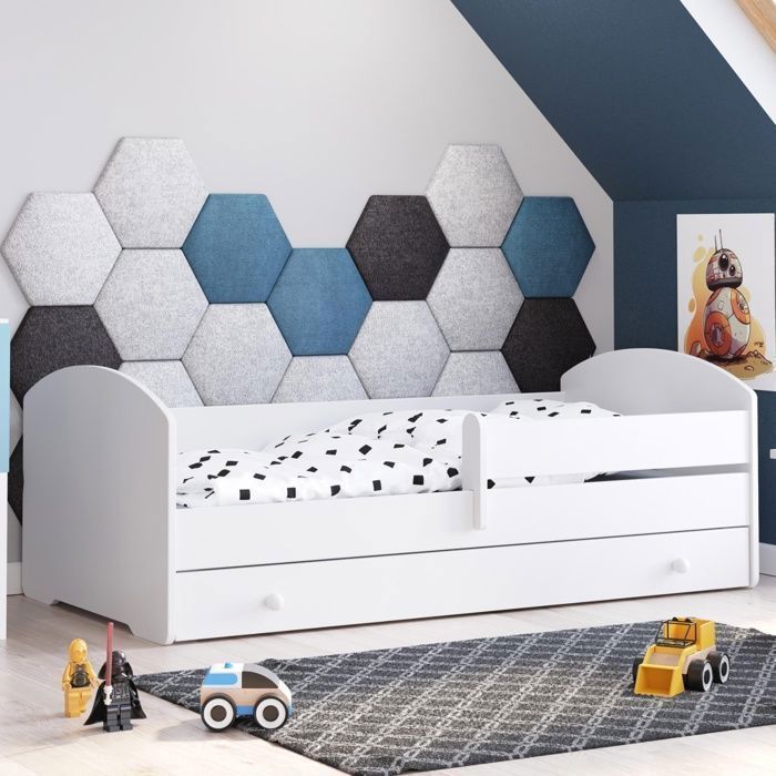 Cama infantil completa de 80x180 cm con colchón, somier de láminas, cajón de almacenamiento, barandilla de seguridad y cama infantil convertible. Color blanco.