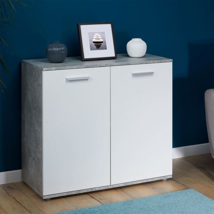 Aparador de comedor CHICAGO, 91 cm de ancho, en hormigón y madera blanca con 2 puertas, unidad de almacenamiento.