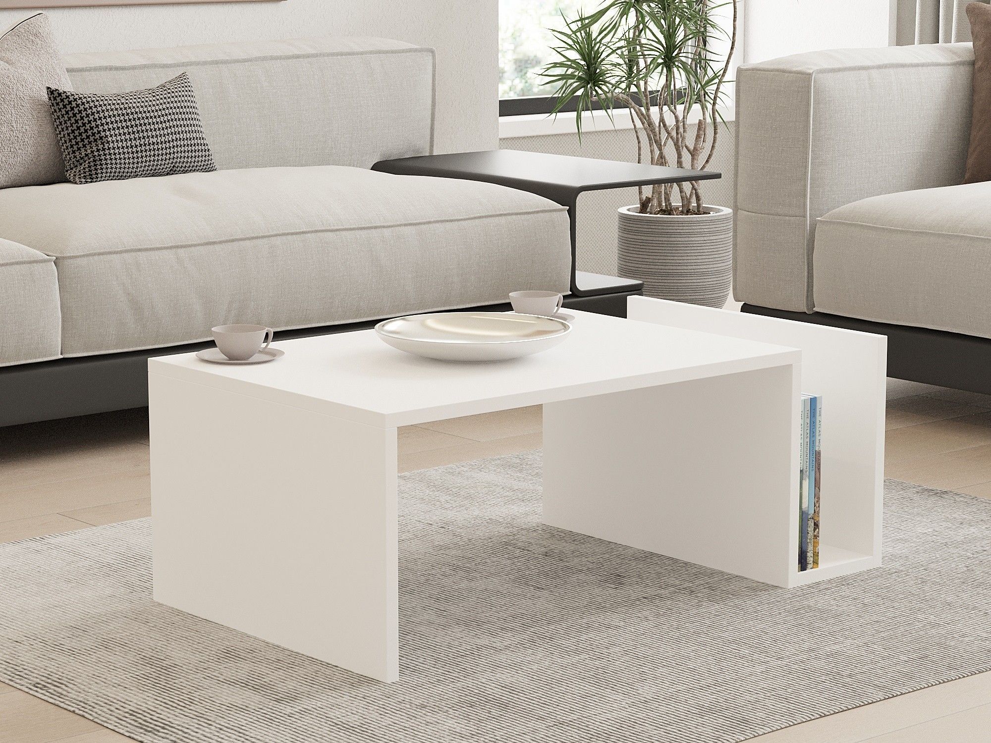Table basse MEMO - Couleur Blanche - Plateau Relevable & Rangement Intégré - L 86,8 cm x P 32,4 x H 50 cm