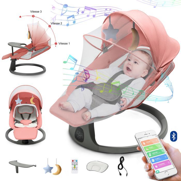 Columpio/hamaca eléctrica 3 en 1 para bebé con control remoto, pedal, mesa de alimentación, 5 modos de balanceo y música Bluetooth - Rosa