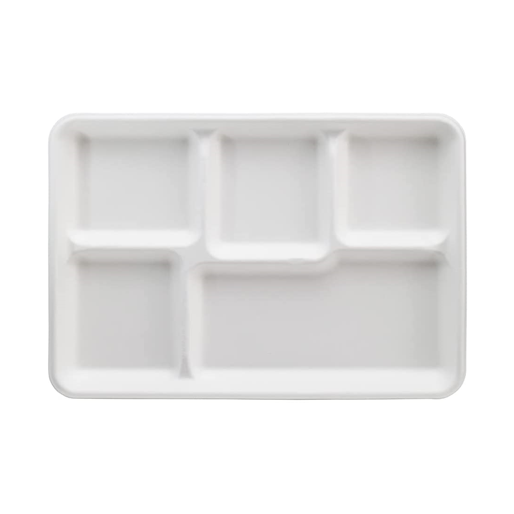 Plateau jetable de haute qualité à 4 compartiments pour fruits et viandes, en bagasse, avec couvercle en bagasse/PET.