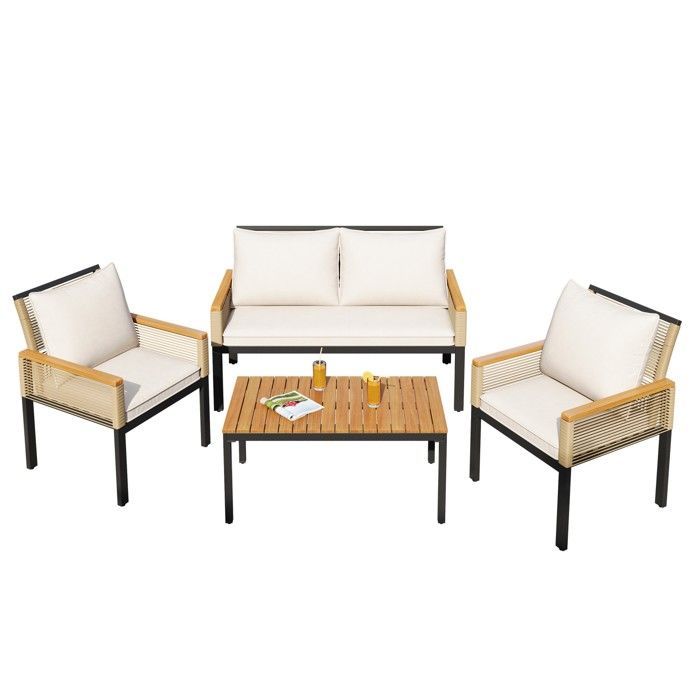 Salon de jardin en acier 4 places- 2 fauteuils et table basse - en corde tressée et bois d'acacia - Beige
