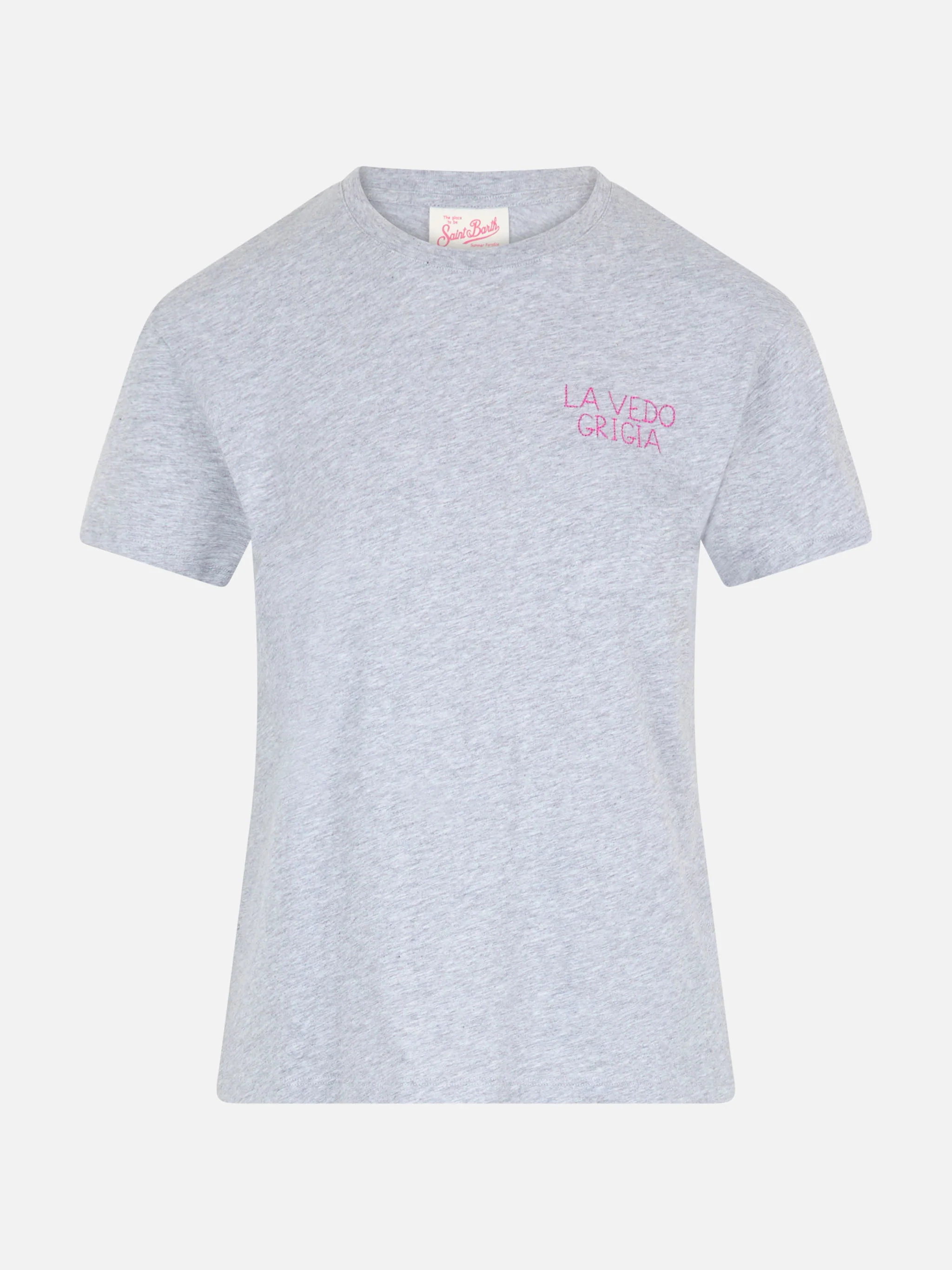 Emilie dames T-shirt met ronde hals van katoenen jersey met La Ve-borduurwerk.