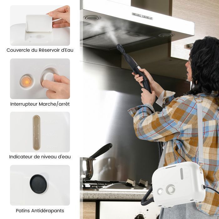 Nettoyeur Vapeur Punaises de Lit 1600W COSTWAY-180℃-3 Bars-Réservoir 1L-Préchauffage en 15s-Intensité Réglable-12 Accessoires-Blanc