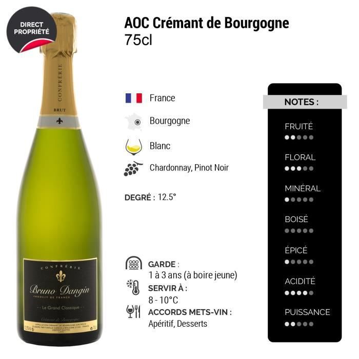 Crémant de Bourgogne Le Grand Classique Brut Blanc - Lot de 6x75cl - Bruno Dangin - Vin effervescent AOC Blanc de Bourgogne -