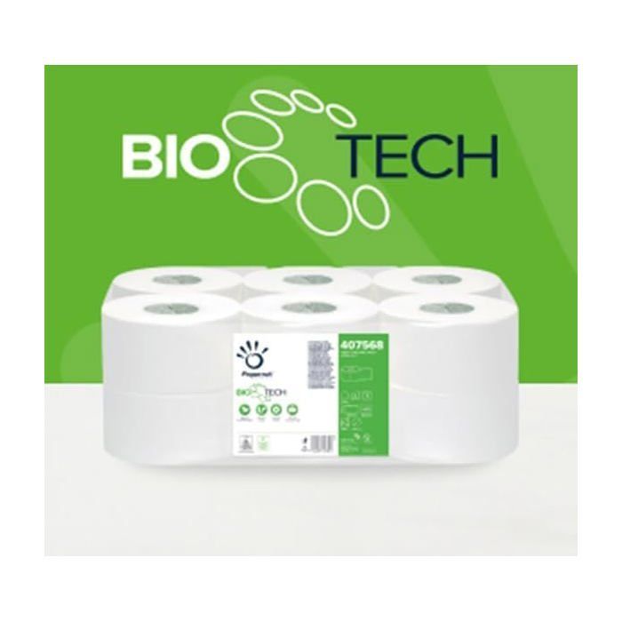 Papernet Bio Tech - Mini Jumbo Toilet Paper, 1 Pack of 12 Rolls in Pure Cellulose, 149.85 m Length, 2-Ply