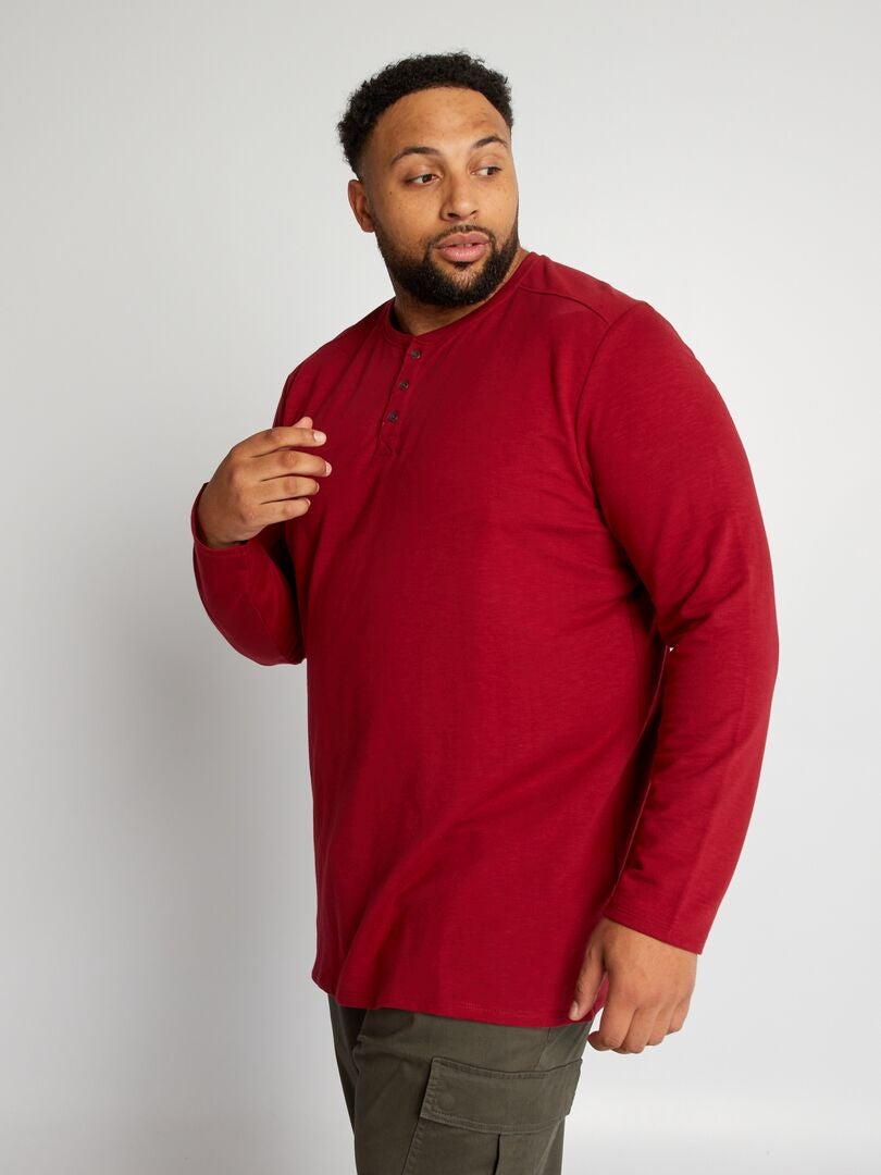 Camiseta de manga larga con cuello Henley - ROJA