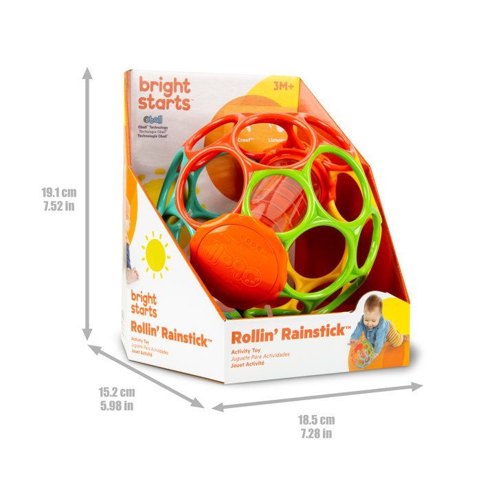 BRIGHT STARTS OBALL - Chocalho para Bebê - Pau de Chuva com Rolos - Contas Multicoloridas - Pau de Chuva - 3M+