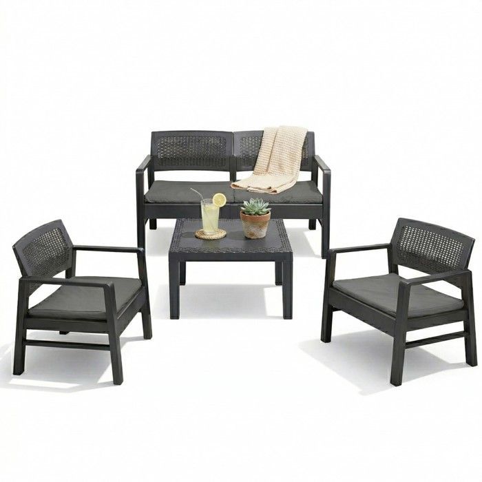 Conjunto de muebles de jardín para 4 personas, gris antracita: sofá de 2 plazas + 2 sillones + mesa de centro + 4 cojines KZ GARDEN
