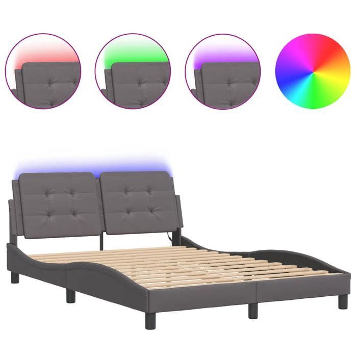 vidaXL Bettgestell mit LED-Beleuchtung, Grau, 140 x 190 cm, Kunstleder, Bett, Lattenrost, Kunstlederbett, Schlafzimmermöbel, 3214106