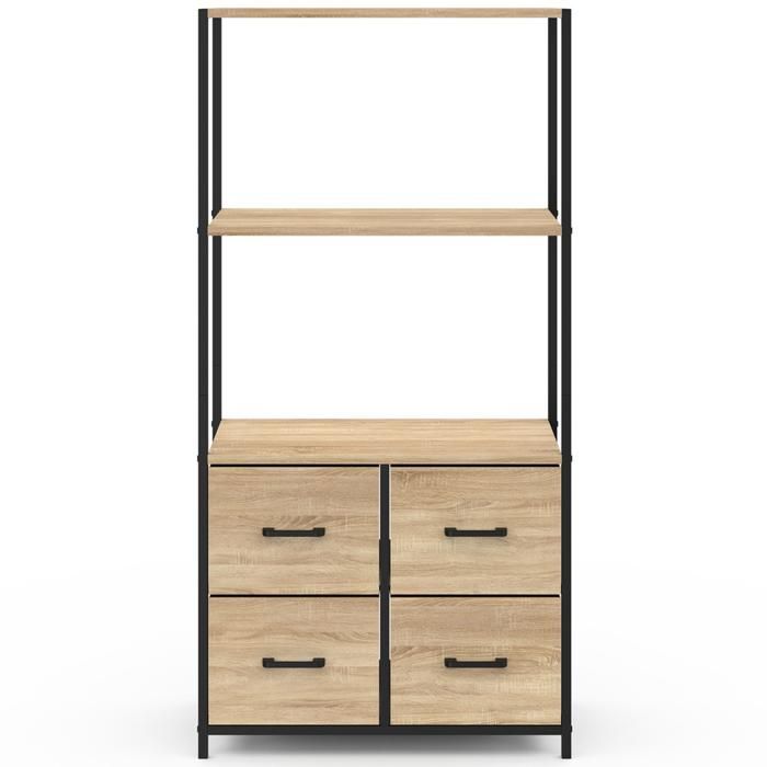 IDMARKET UTAH 3-Tier Shelving Unit with 4 Fabric Drawers, 120 cm, Industrial Design Storage Unit