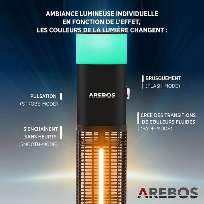 AREBOS Radiateur infrarouge | Chauffage radiant électrique | 1500W | LED 16 couleurs | intérieur et extérieur | Noir